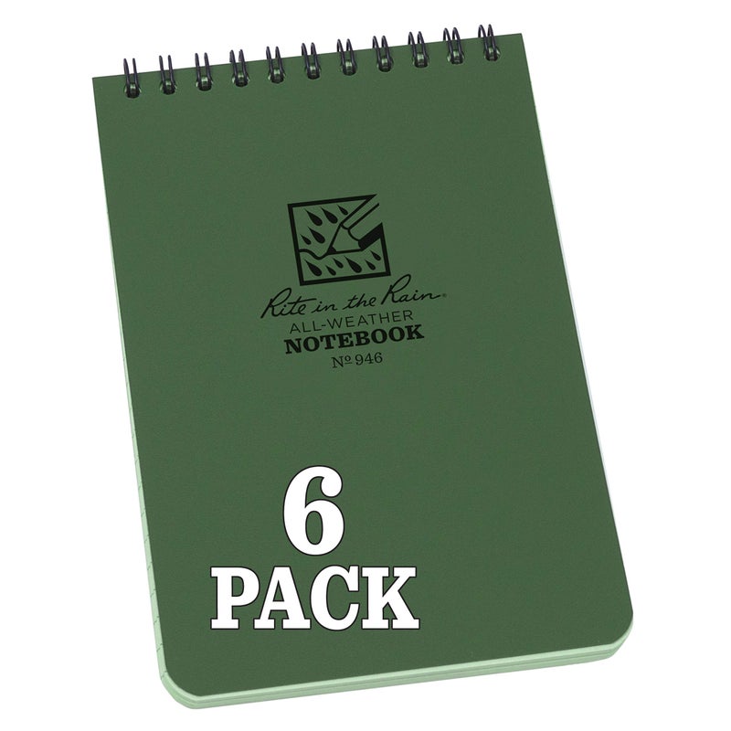 Rite in the Rain Weatherproof Top Spiral Notebook, 4" x 6", Green Cover, Universal Pattern, 6 Pack (No. 946L6) - Image 1